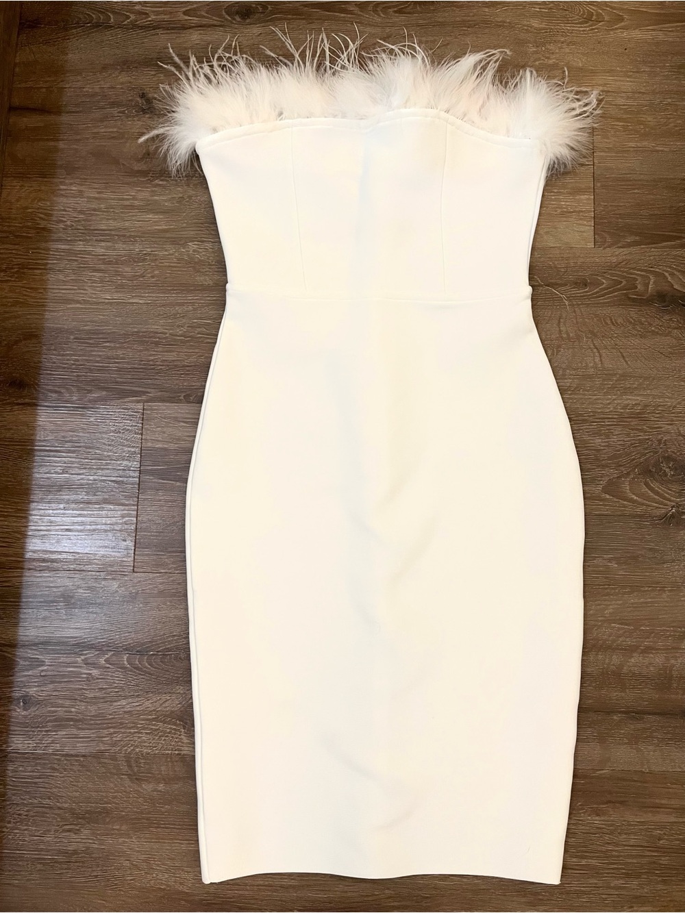 Strapless White Feather Trim Midi Dress